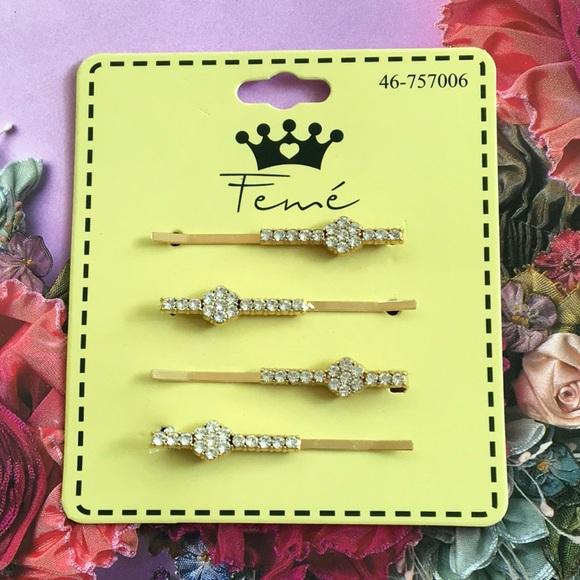 Set of 4 Gold Tone Clear Rhinestone Bobbie Pins NEW NOC Never Worn RED BANNER - Picture 2 of 5